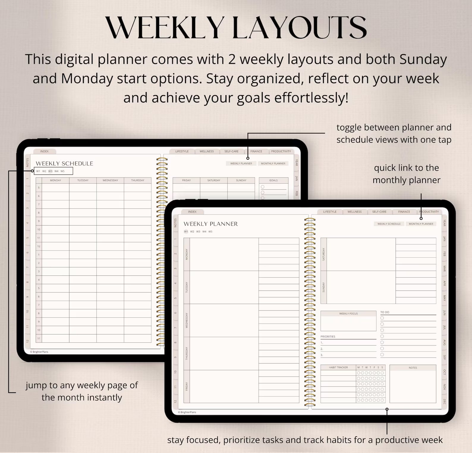 Our digital planners are designed to help you organize your life with ease and style. Whether you're tracking goals, scheduling meetings, or habit-tracking, we provide the perfect tools to turn your iPad into a productivity powerhouse.